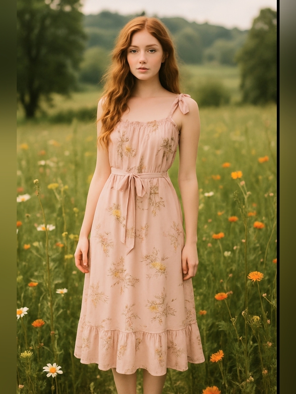 Anthropologie A Loves A Mauve Floral Tie‎ Strap Ruffle Hem Prarie Midi Sundress
